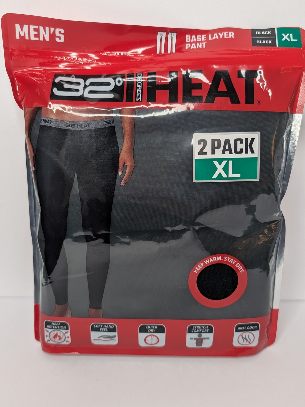 32 Degrees Heat Men's Black Base Layer Pant 2-Pack XL